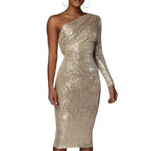 Bella Barnett Gold Metallic Sequins Dress Evening Sexy Formal One  Shoulder Med